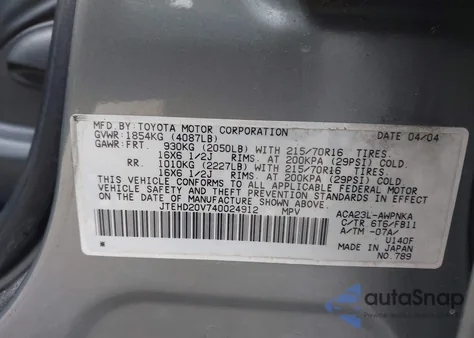 2004 Toyota Rav4 из США, поврежденный, VIN JTEHD20V740024912